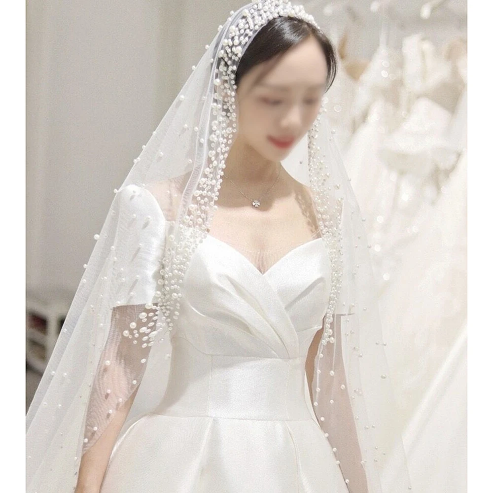 Light Luxury Bridal Veils Women's Solid White Edge Fairy Style Applique Pearls Beading Floor Length Wedding Accessories