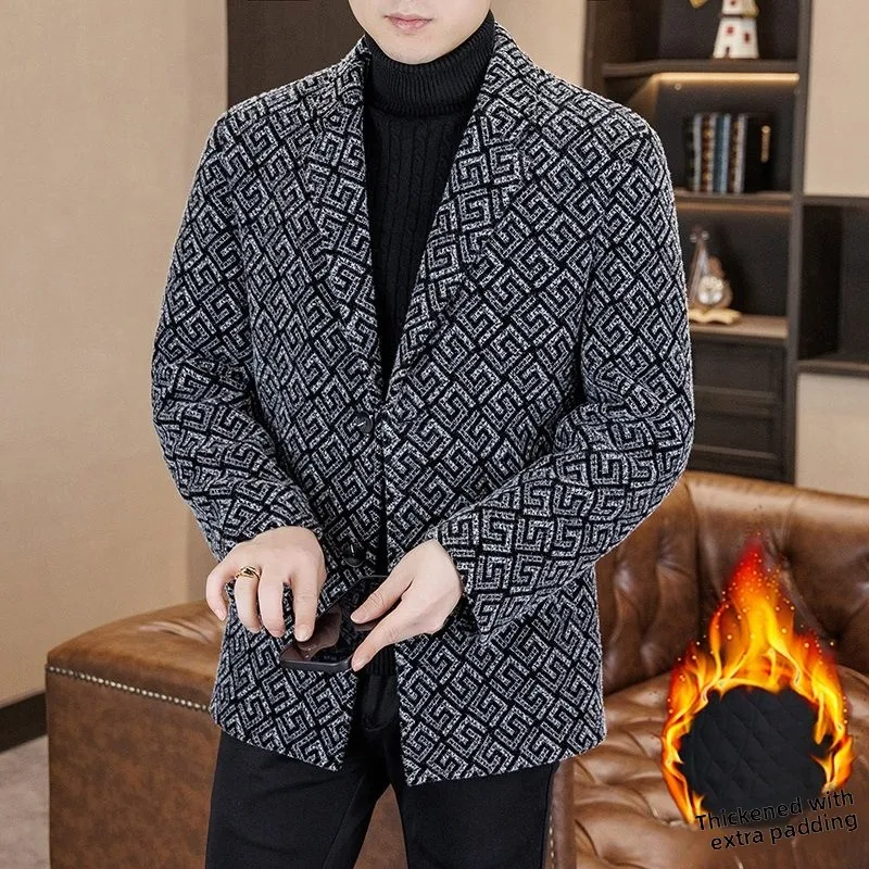 

Winter Thiened Woolen Coat Men's Mid-Length Cotton Lined Warm Gold Mink Velvet Suit Jaet with Tailored Lapel Faionable ...