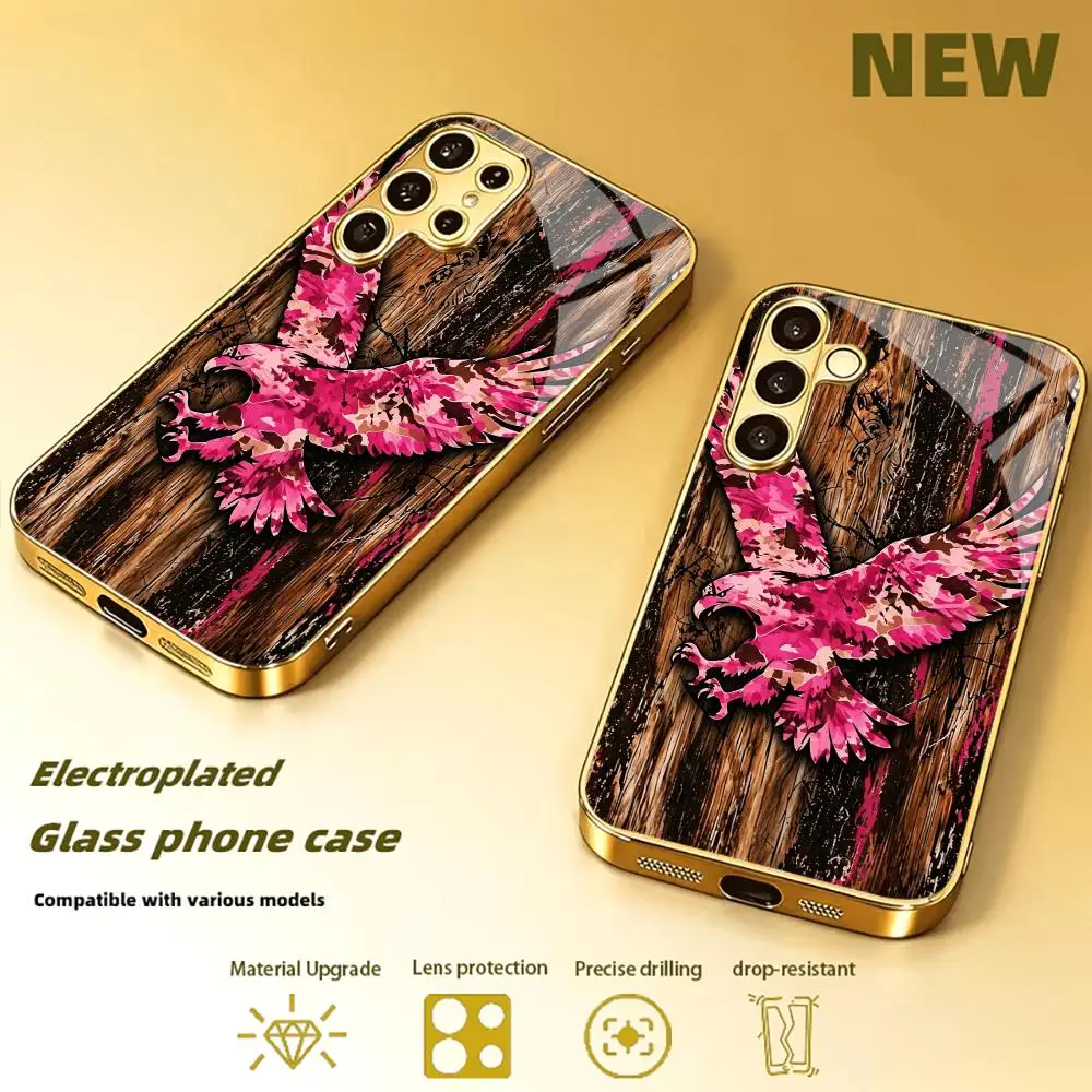 Wood-grain painted eagle Fashion trend Glass phone case for Samsung Galaxy S26 S25 S24 S23 S22 S21 FE,Ultra,Plus Dropresistant