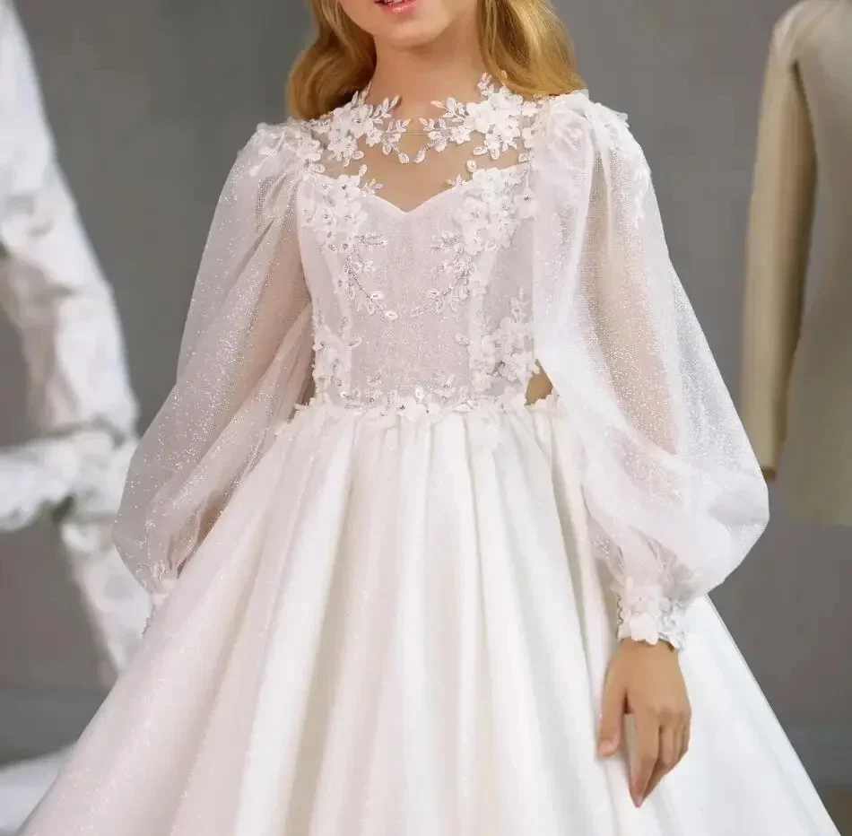 Robes de demoiselle d'honneur en satin scintillant pour filles, manches longues, robe de Rhde première communion, appliques en tulle, robe de soirée de mariage princesse