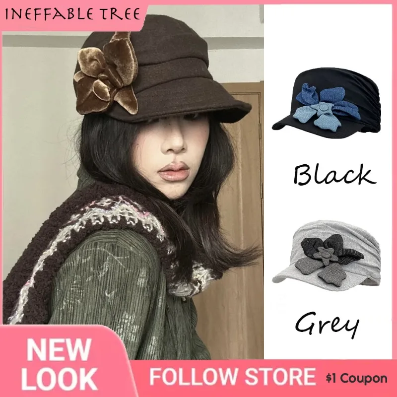 Vintage Velvet Flower Wool Newsboy Cap Cozy Autumn Winter Flat Top Women Retro Sun Hat
