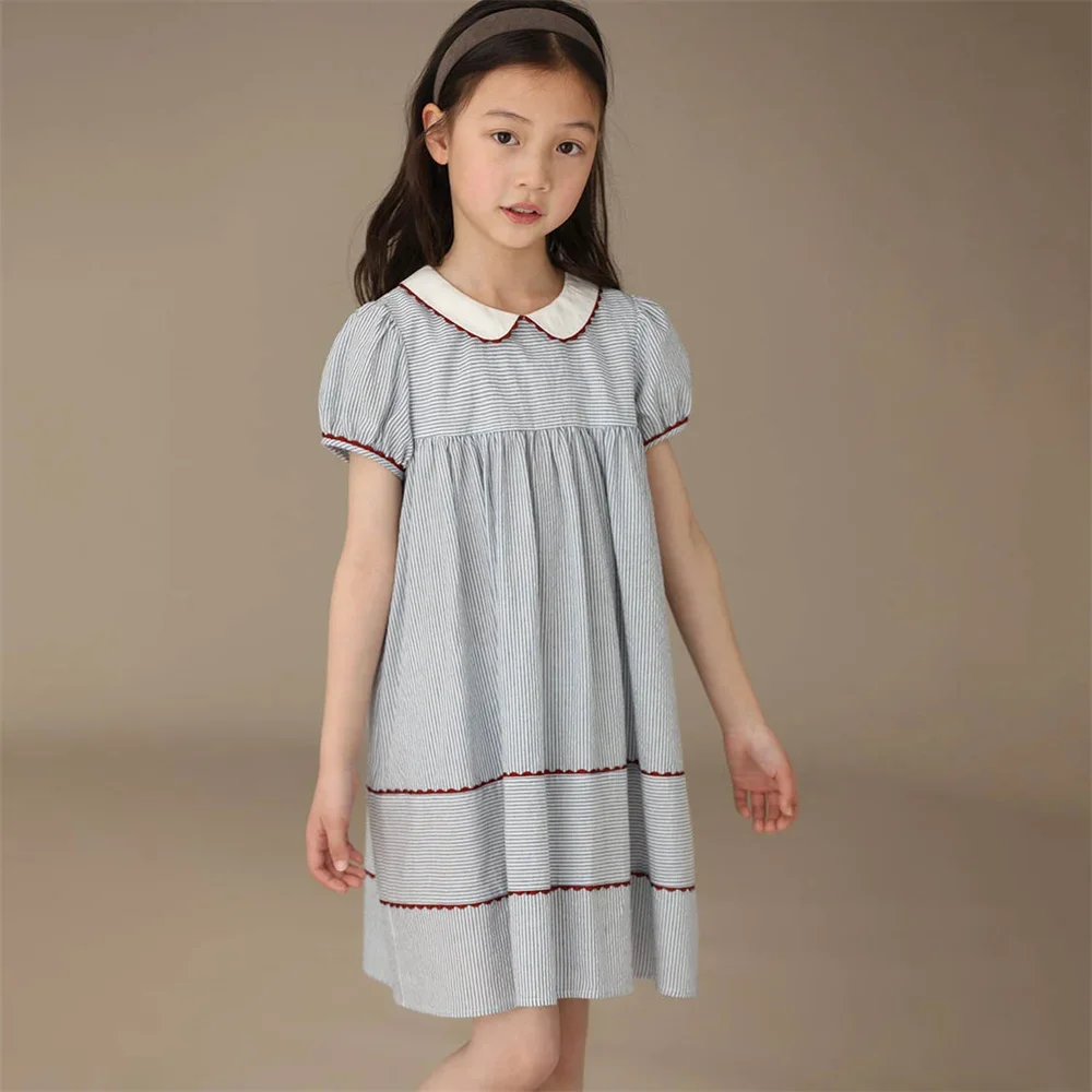 

Children's Clothing 2024 Kids Summer New Dresses Teenager Girls Patchwork Color Striped Doll Collar Puff Sleeves A-line Dress