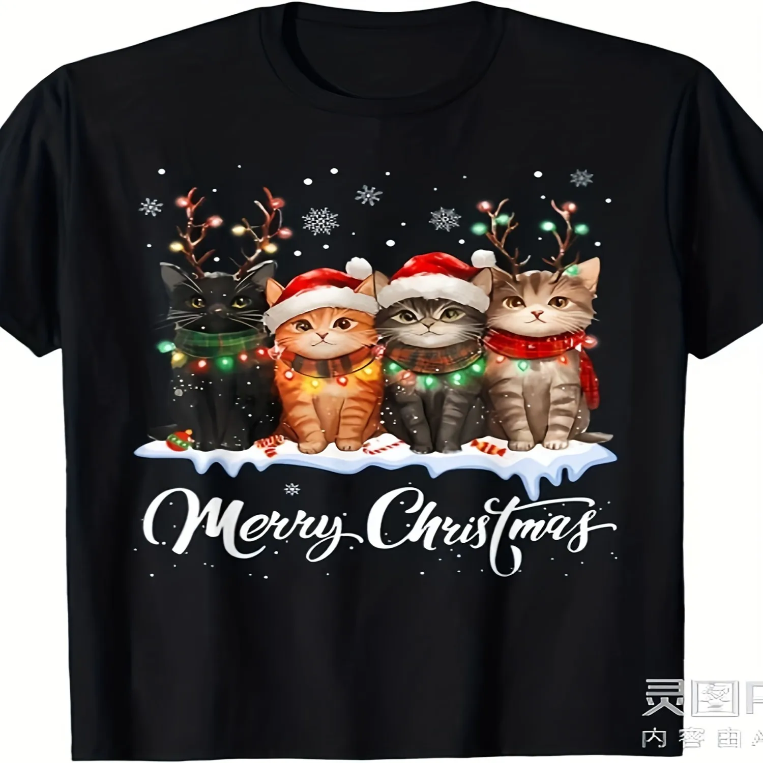 Happy Holidays! Cat-Themed Christmas Light Reindeer Santa T-Shirt Unisex Design for 2025 Summer, Featuring a Short-Sleeve Printed Style Made of 220G Pure gift for men, everyday wear tee