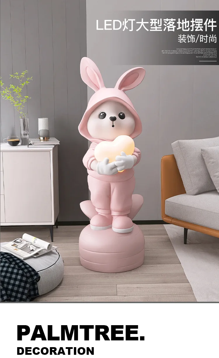 Grande bambola di coniglio, luce ornamentale dal pavimento al soffitto, mobile TV del soggiorno, scultura, decorazione della casa, regalo di inaugurazione della casa