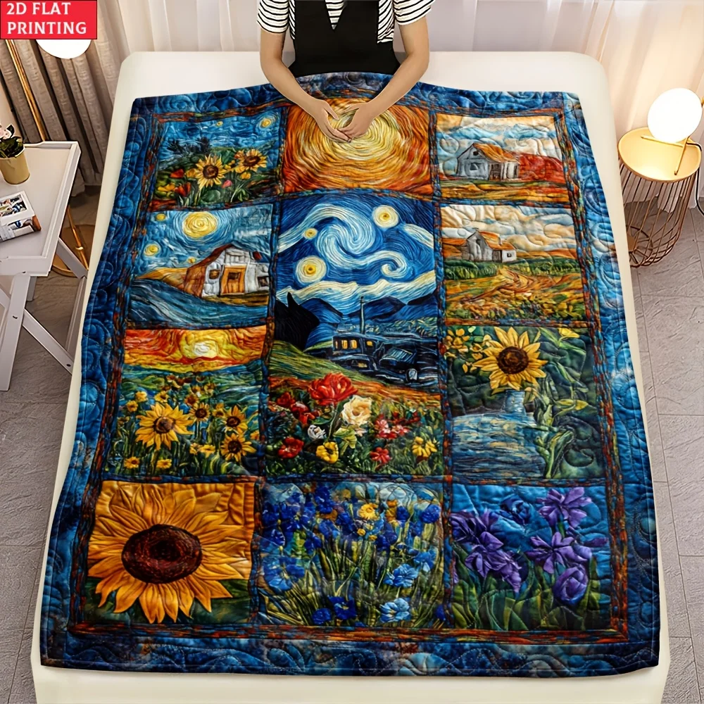 Decorative Floral Sunflower Patchwork Quilt Throw Blanket Polyester Fleece Winter Cozy Bed Sofa Living Room Home Decor Gift