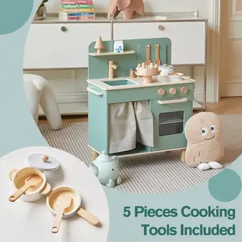 兒童益智廚房玩具套裝,食物烹飪遊戲玩具,綠色木製廚房玩具,含廚房用具配件 10 最佳銷售 兒童烹飪套裝 - №5
