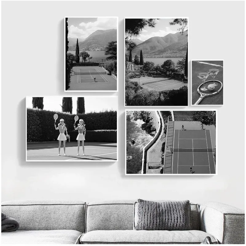 Impresión fotográfica de cancha de tenis en blanco y negro, arte de pared de paisaje minimalista, decoración deportiva en lienzo, regalo para amantes del tenis para el hogar u oficina