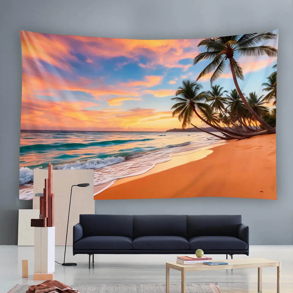 Summer Beach Coconut Tree Tapestry Sunset Beach Waves Sky View Living Room Decoration Aesthetics Fabric Wall Hanging