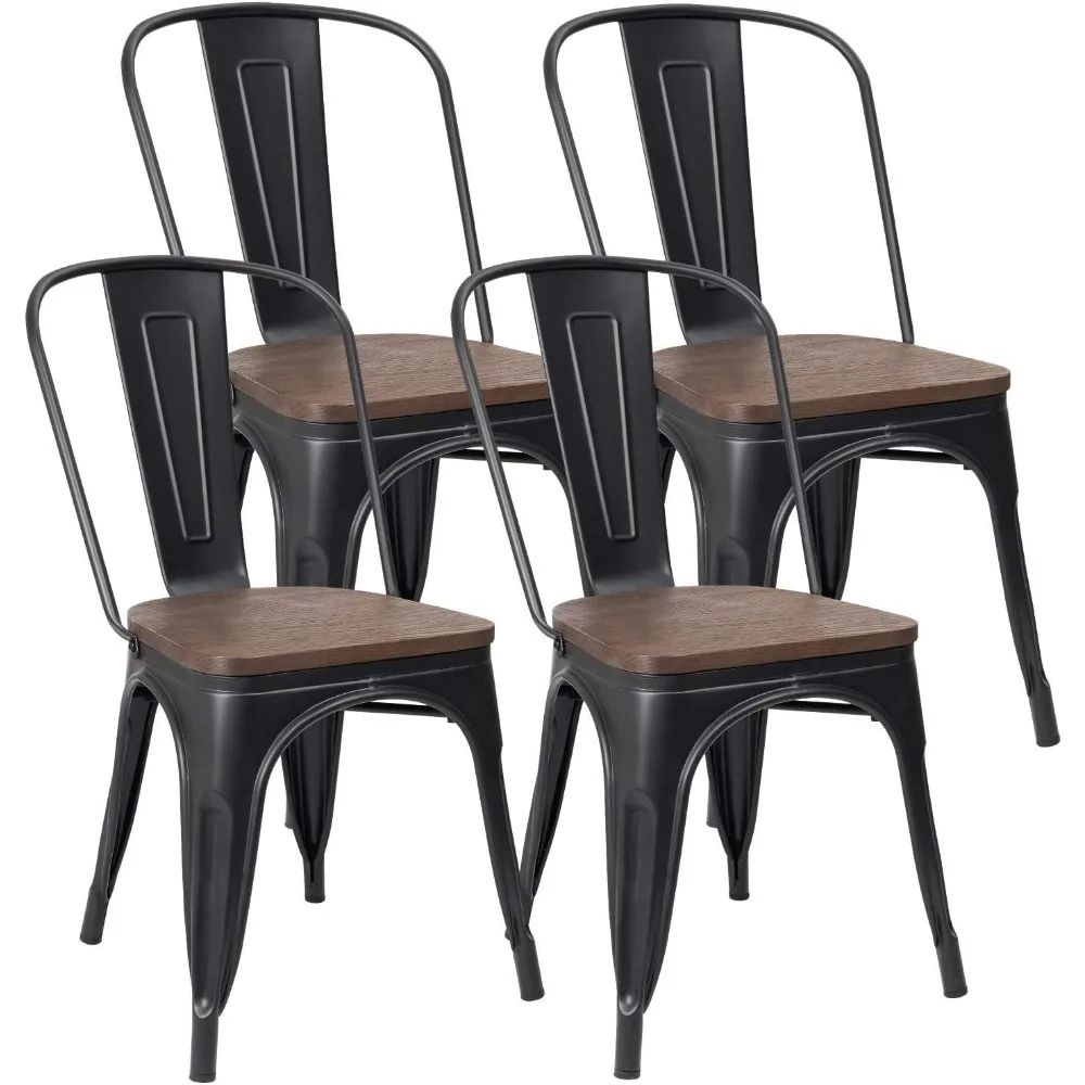 Metal Dining Chair Stackable Industrial Vintage Kitchen Chairs Indoor-Outdoor Bistro Cafe Side Chairs with Back and Wood