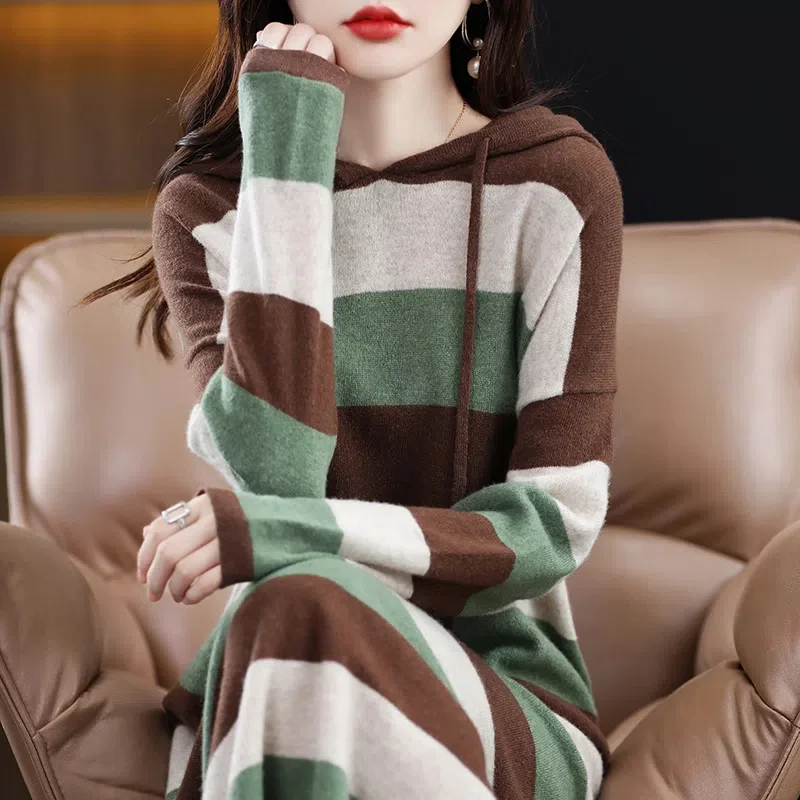 Autumn Winter Women Hooded Dress Stripes Loose Long Section The Knee Sweater Dress Female Western Style Knitted Bottoming Dress