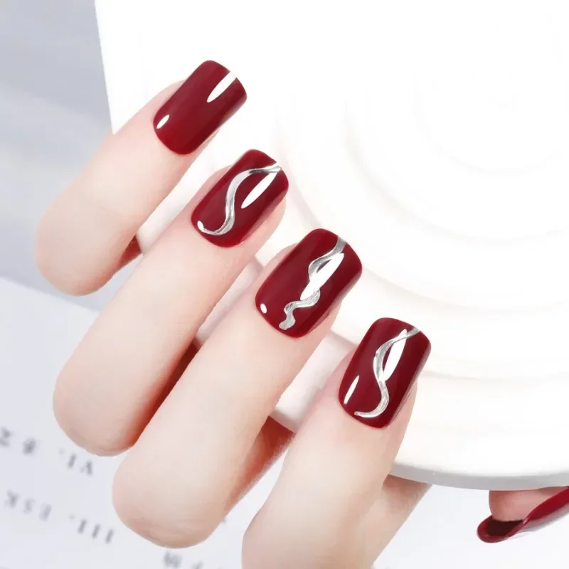 Press on Nails 24 Pcs Finished Nail Art New Geometric Lines Red Fake Nails Fake Patch Short Nail with Jelly Nail File for Women