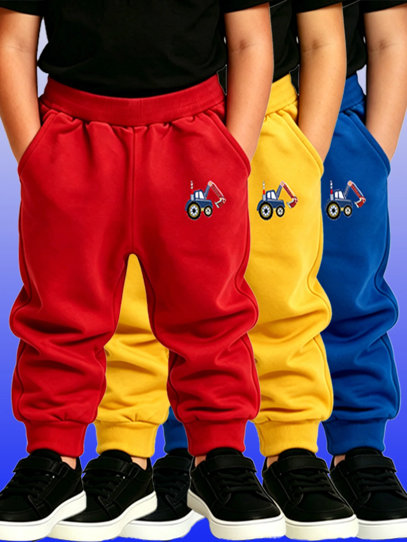 Red Yellow Blue Classic 3PCS Trendy Kids Trousers Excavator Pattern Sweatpants Boys Girls Four Seasons Outdoor Children's Pants