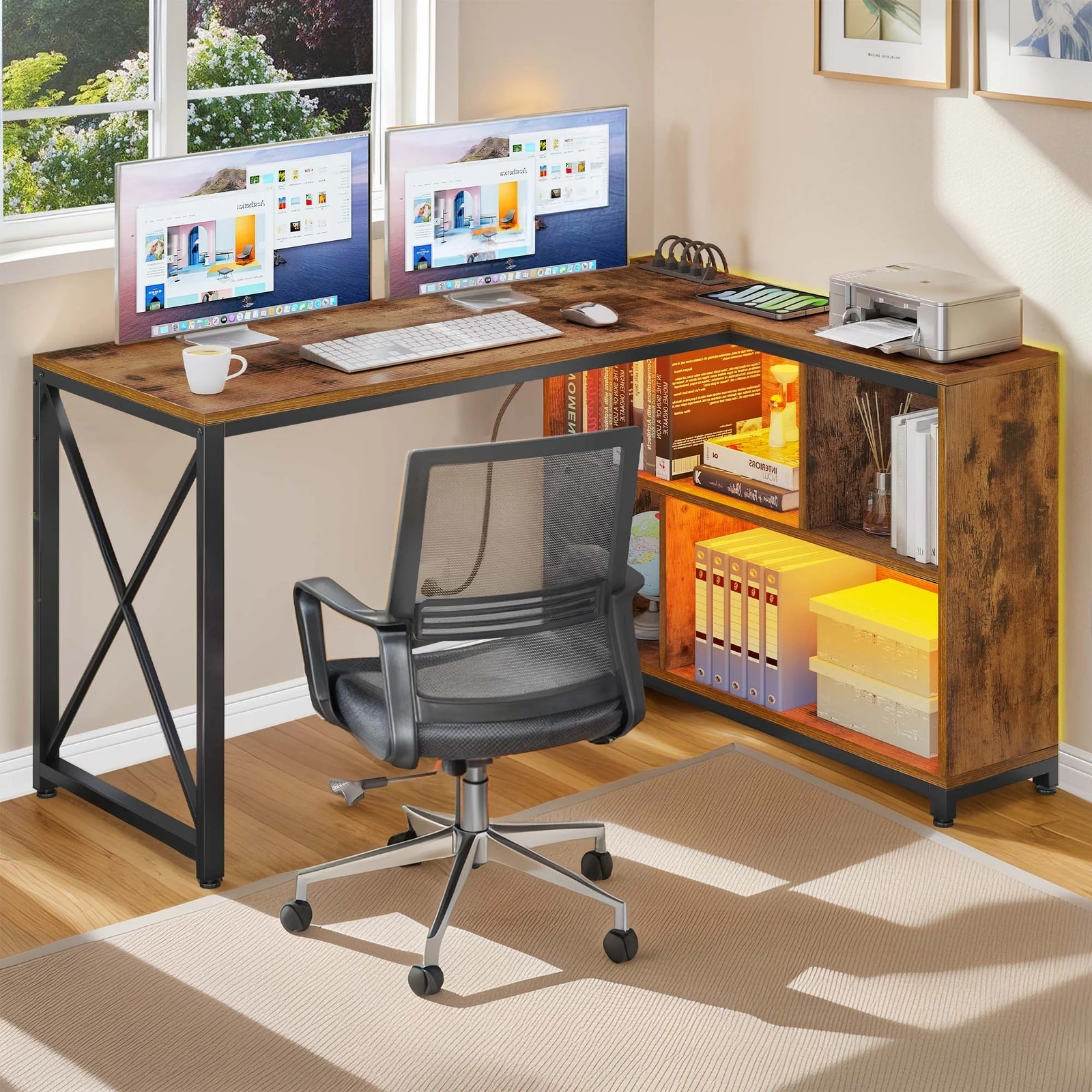 

55" L Shaped Computer Desk with Shelves Corner Desk w/Power Outlets & LED Lights