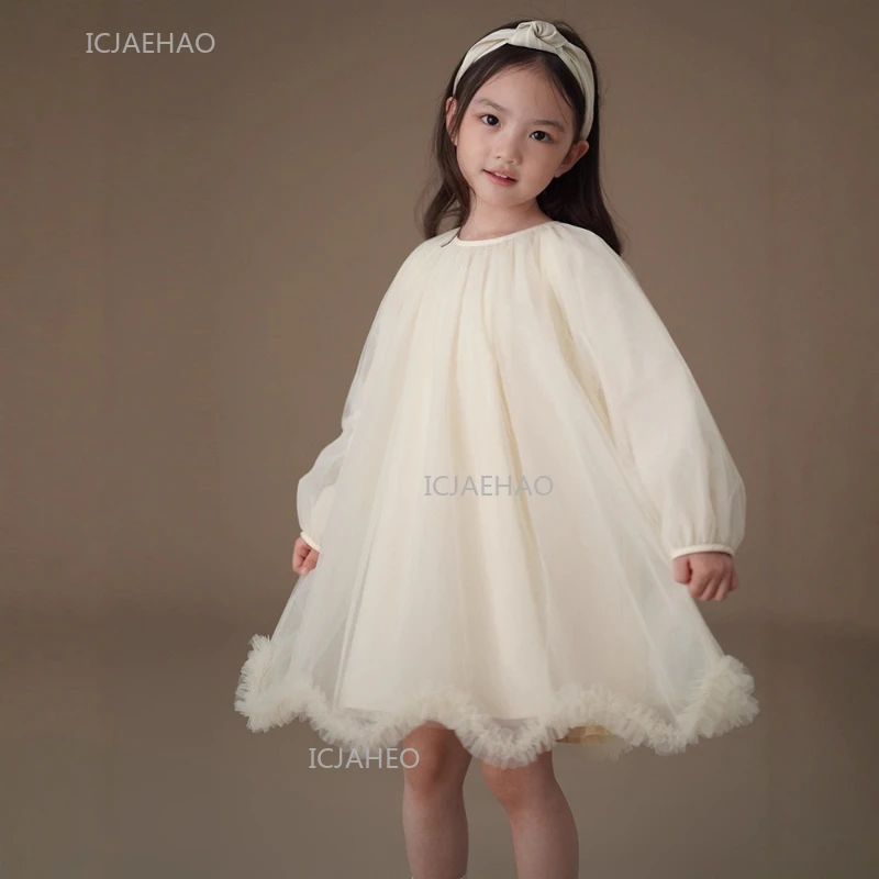 Girls Princess Dress Children Autumn New SimpleFormal Dresses for Kids Daily Wear Long Sleeve Tulle Puffy Gown Party Pageant