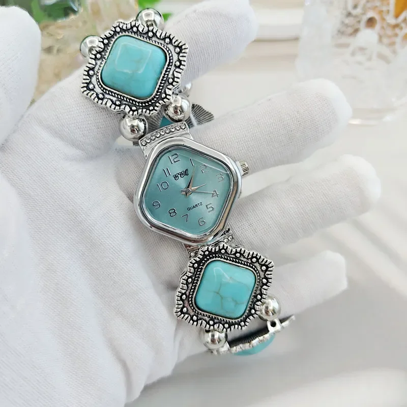 Vintage Silver Square Quartz Watch for Women Retro Tortoise Shell Stone Beaded Bracelet Watch Boho Ethnic Fashion Wrist Jewelry