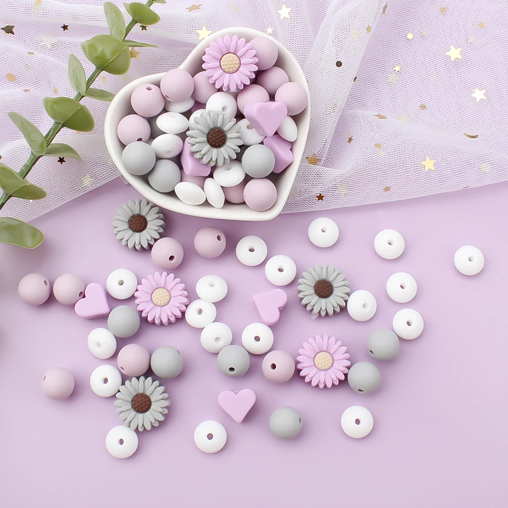 18Pcs/Set Silicone Beads Set Cute Daisy Heart Shape Focal Bead for Jewelry Making Pen DIY Keychain Fashion Handmade Accessorie