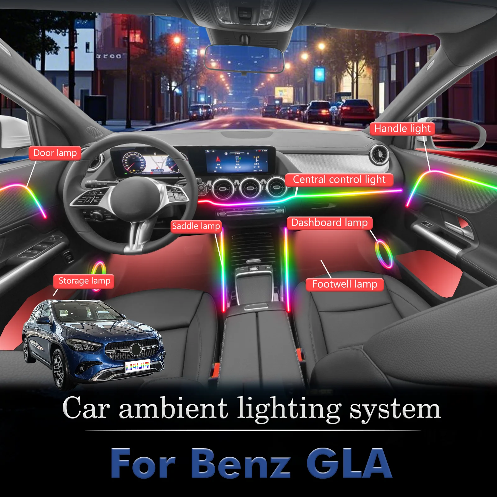 

For Benz GLA Car Interior Ambient Lamp Kit RGB 64-Color LED Smart Remote Control Energy Saving Efficient Set