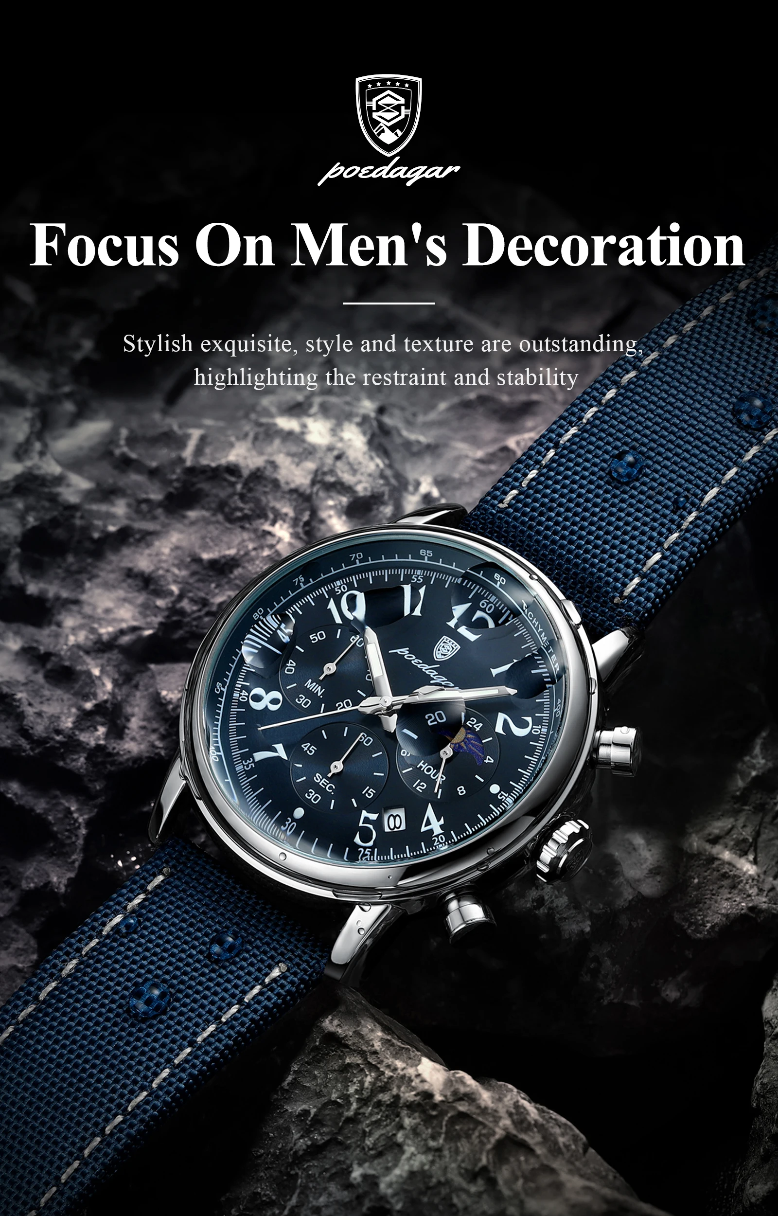 POEDAGAR Luxus Sport Militär Männer Uhr Wasserdicht Leucht Chronograph Nylon Leder Datum Mann Armbanduhr Quarz herren Uhren – Detail 13