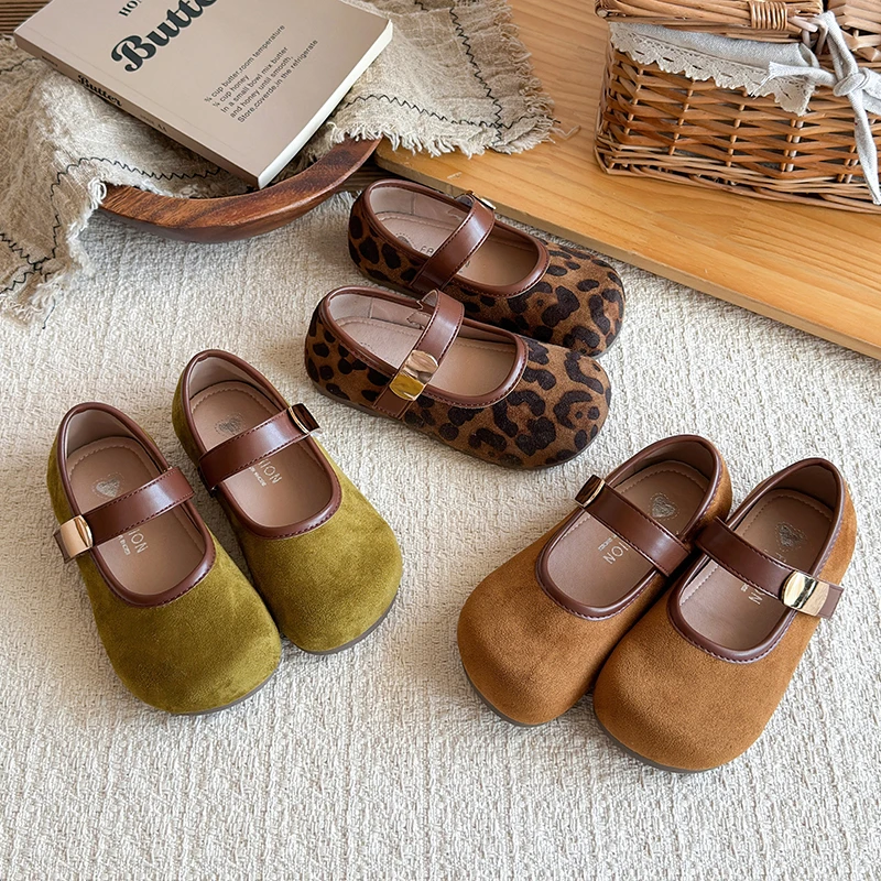 Autumn Girl's Mary Janes Suede Hook-loop Chic Kid's Flat Shoe Solid Colors Anti-slip Vintage Daily Casual Children Shoes