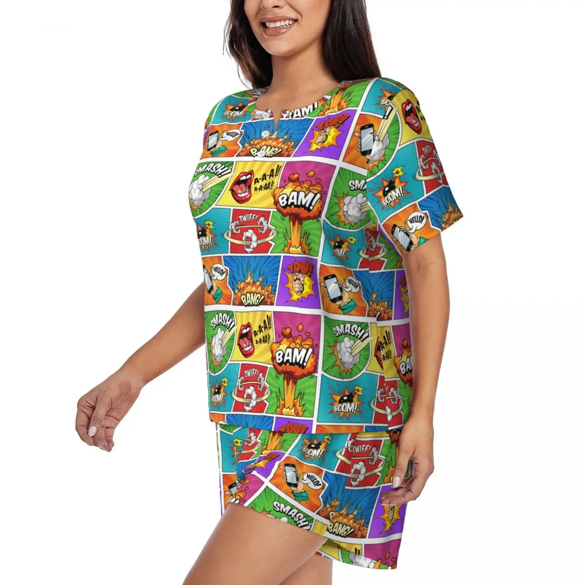 Custom Printed Womens Superhero Comic Book Panels Comicbook Pajamas Set 2 Piece Pjs Sets Short Sleeve Sleepwear Loungewear