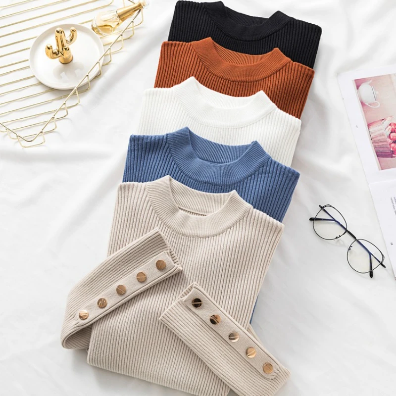 

2025 Slim Fit Black Tops Knitted Women High Neck Sweater Pullovers Turtleneck Autumn Winter Basic Women Sweaters