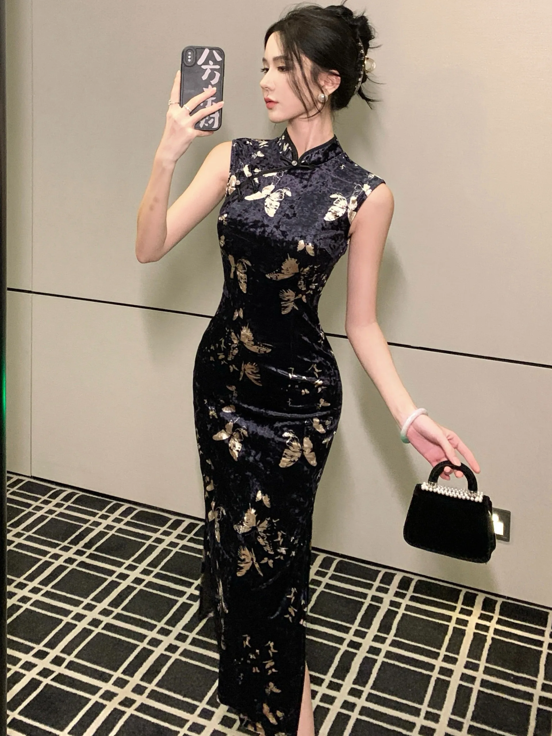 

Элегантное вечернее платье-ципао с цветочным принтом, приталенное, с разрезом, длинное, винтажное, с круглым вырезом