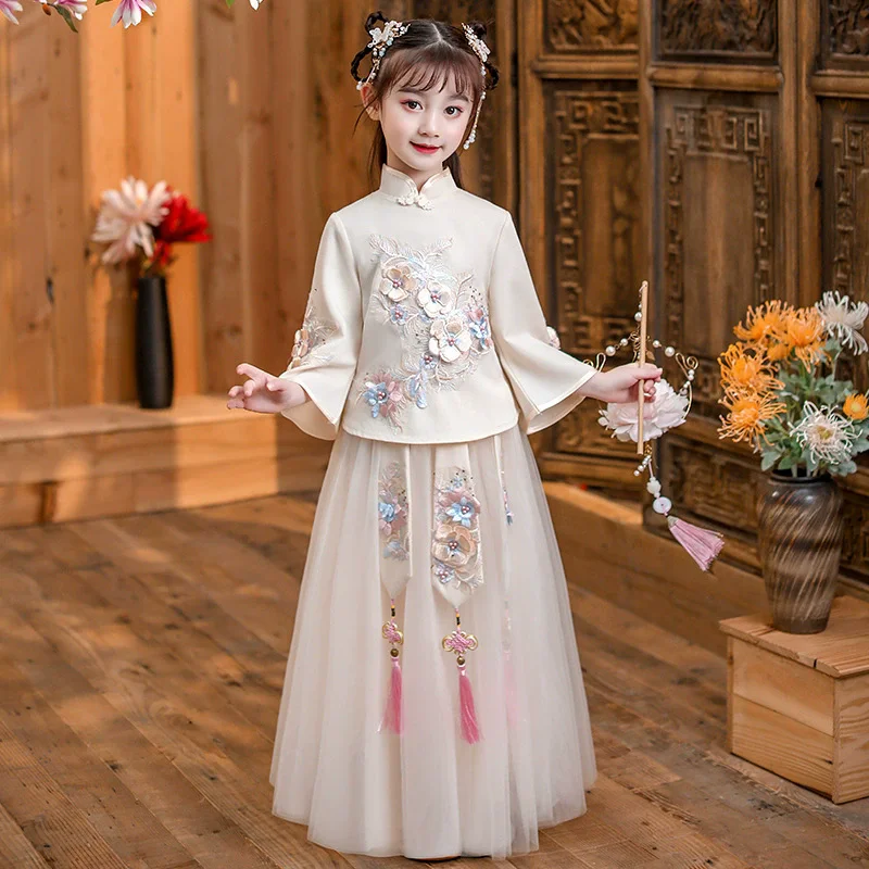 Autumn Ancient Costume Two-piece Hanfu Girl Set Tang Tops Skirts Suits Girls Clothing Blusas Children's Sets Casual Kids Outfits