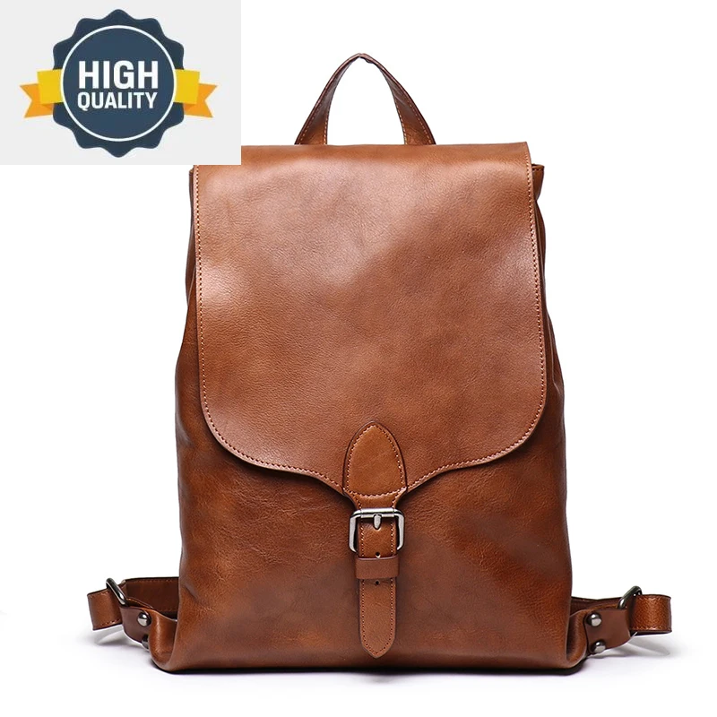 

Leather Women Real Backpack Female Vintage Bag School s Men High Quality Travel 12 Inches Laptop Leathfocus