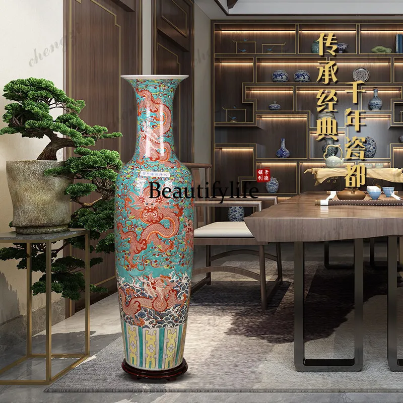 Jingdezhen ceramic antique hand-painted dragon pattern floor-to-ceiling large vase living room TV cabinet hotel villa