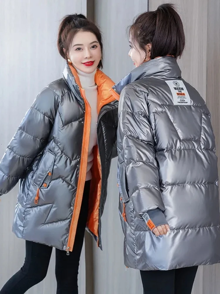 Parka courte brillante en coton rembourré pour femme, manteau décontracté, veste optique chaude, pardessus femme, vêtements d'extérieur, nouveau, hiver, 2024