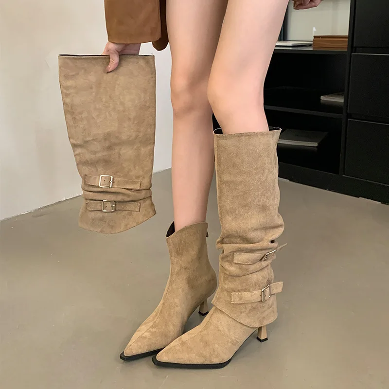 

【2025 AW】Suede Pointed Toe Boots Women Stacked Foldable Boots Detachable 2-Way Stiletto Knee High Heeled Boots Ankle Boots