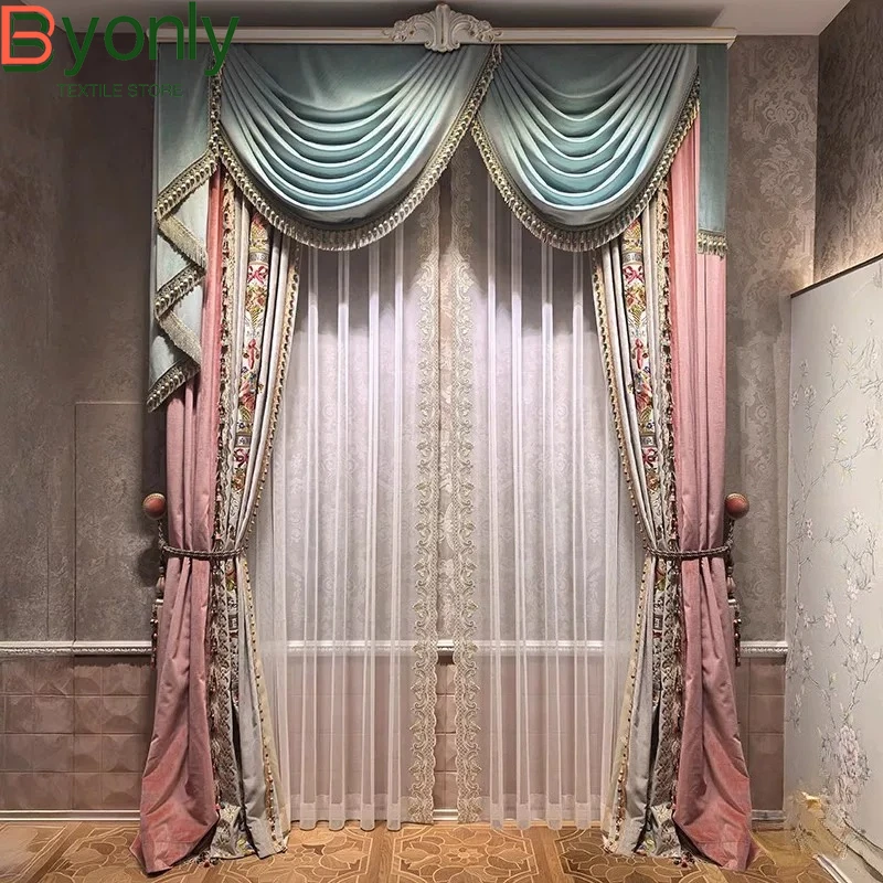 

French Pink Embroidered Beige Patchwork Velvet Curtains for Living Room Bedroom Partition Curtains Villa Custom Embroidered