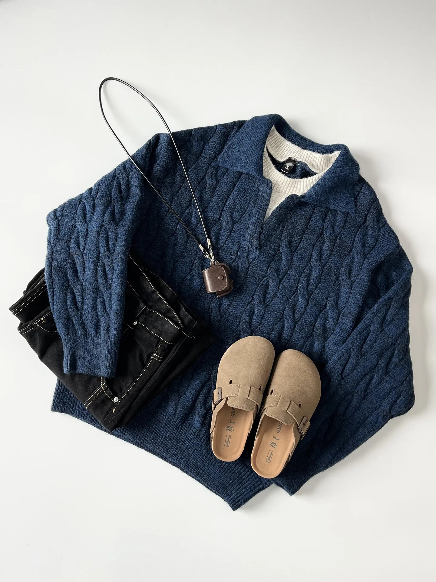 Cobalt Blue Knitted Sweater Collared Lazy High-End Feeling Tweed Patterned Warm Base Layer Shirt Casual Style Long Sleeve
