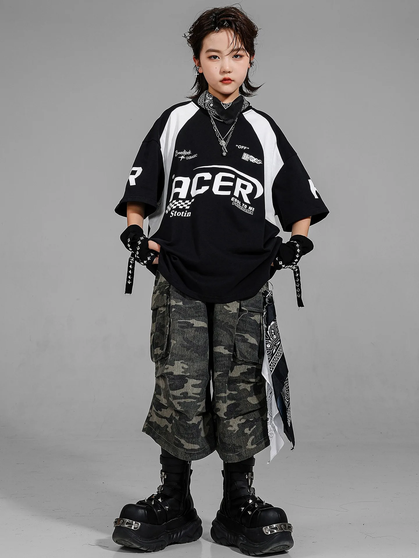 2025 Kids Trendy Clothes Hip-hop Clothes Boys Street Dance Jazz Dance Costumes Top Camouflage Shorts Suit Stage Wear DQL11064