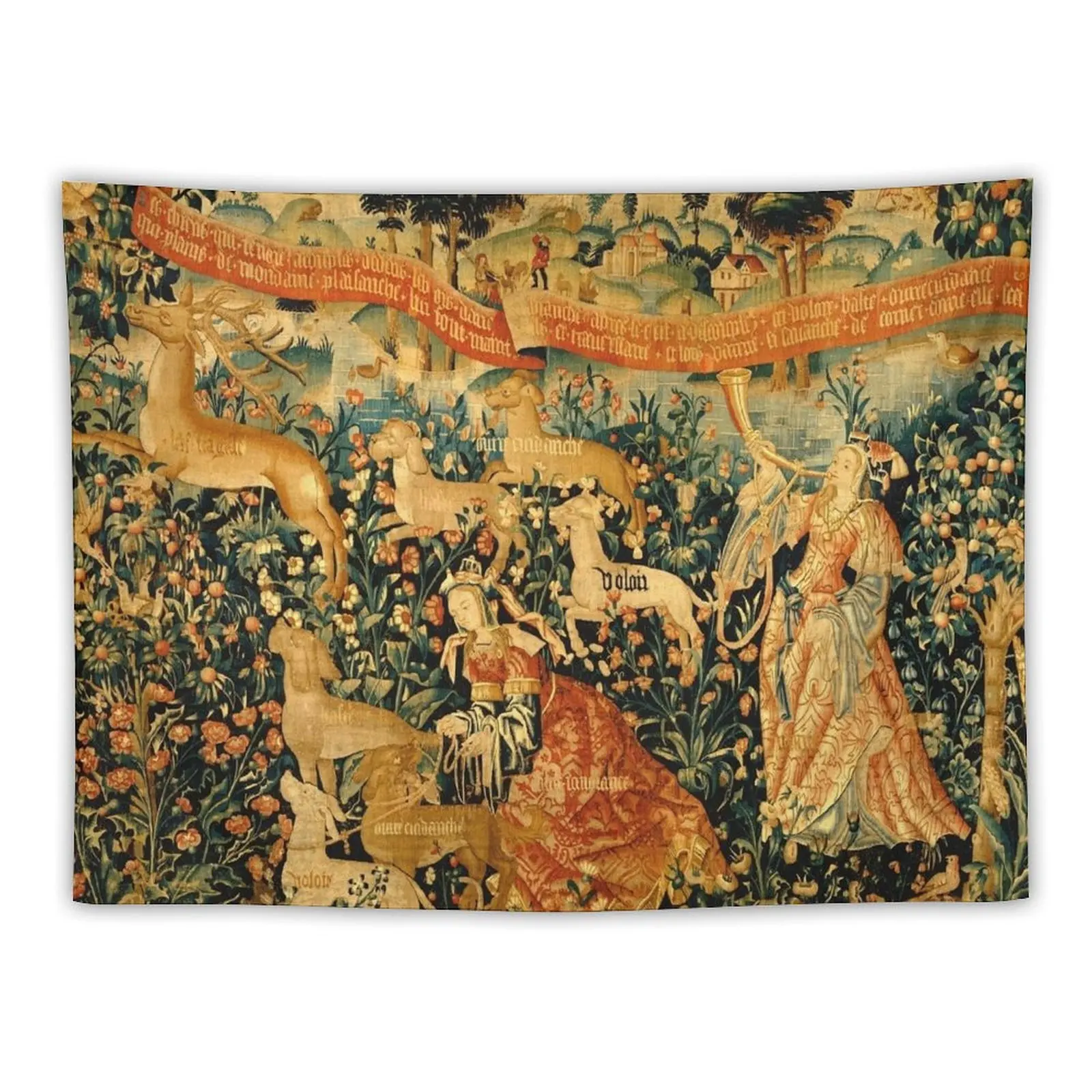 MEDIEVAL DEER HUNTING SCENE WITH LADIES AND DOGS Antique Tapestry Tapestry Cute Decor Christmas Decoration Tapestry