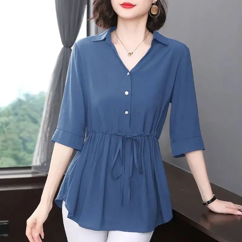 Women Clothing Summer Fashion Elegant Lace Up Slim Shirt Solid V Neck Half Sleeve Office Lady Blouse Irregular Tunic Tops Blusas