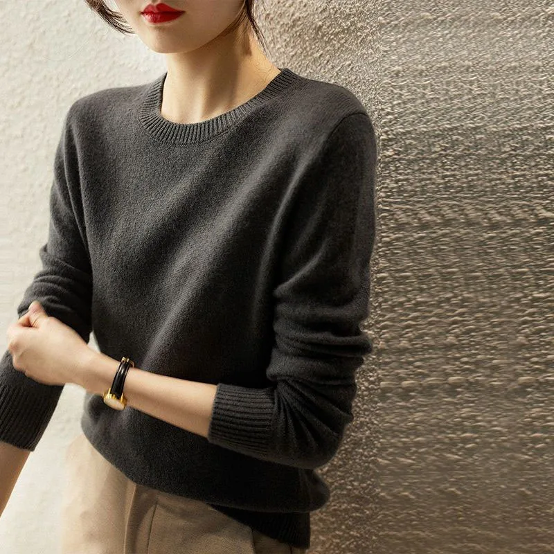 New Autumn Fashion Korean Edition Lazy Solid Color Round Neck Sweater Loose and Versatile Western Style Slimming Knitted Top