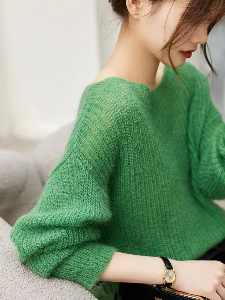 Elegant See-through Women Sweater Pullover Loose Jumper Autumn Winter Soft Warm Women Knitwear Sweater Solid Cashmere Tops