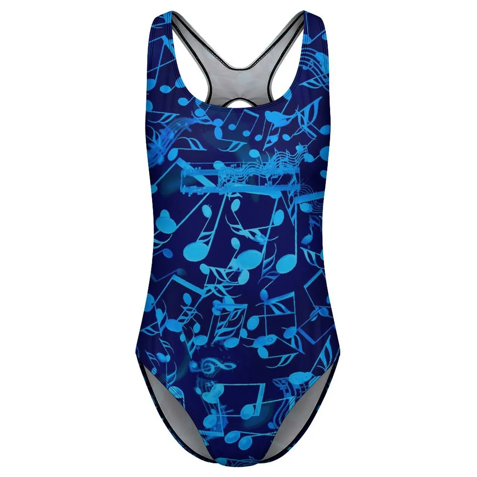 الأزرق الموسيقى ملاحظات ملابس السباحة مثير الرجعية طباعة النساء ملابس السباحة قطعة واحدة أنيق ارتداءها اللياقة البدنية رفع قطع Monokini