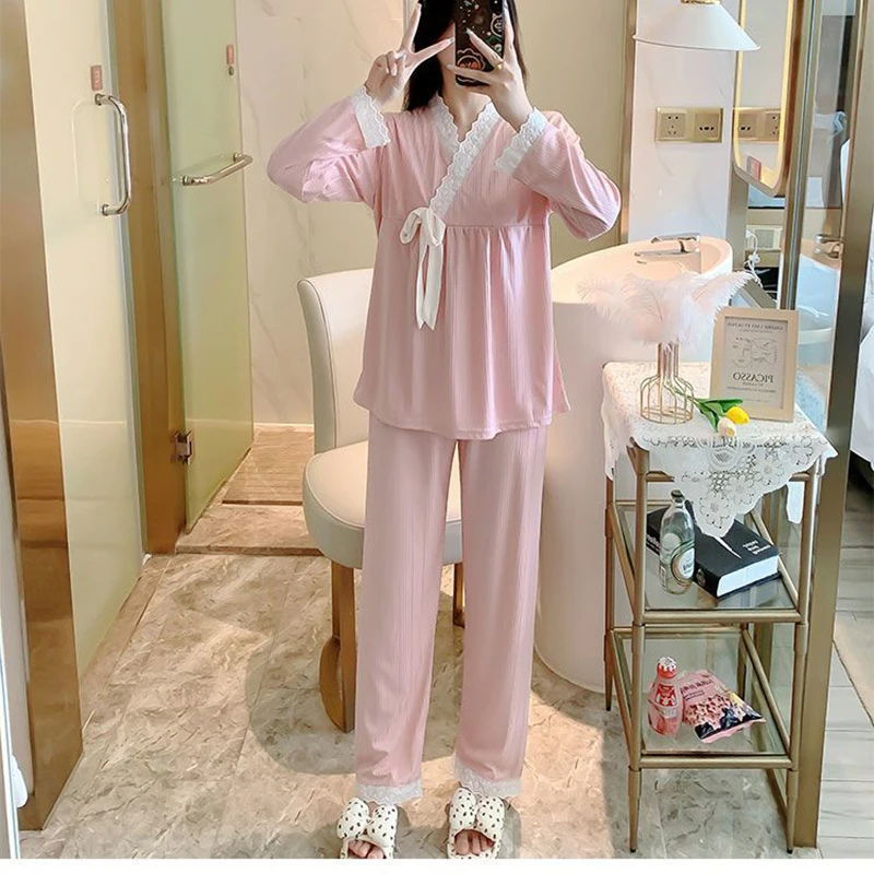 Lace Sleepwear Women Pajama Sets Autumn Korean Pants Sets 2 Pieces Solid Piiama Night Wears Long Sleeve V-neck Ruffles Home Suit