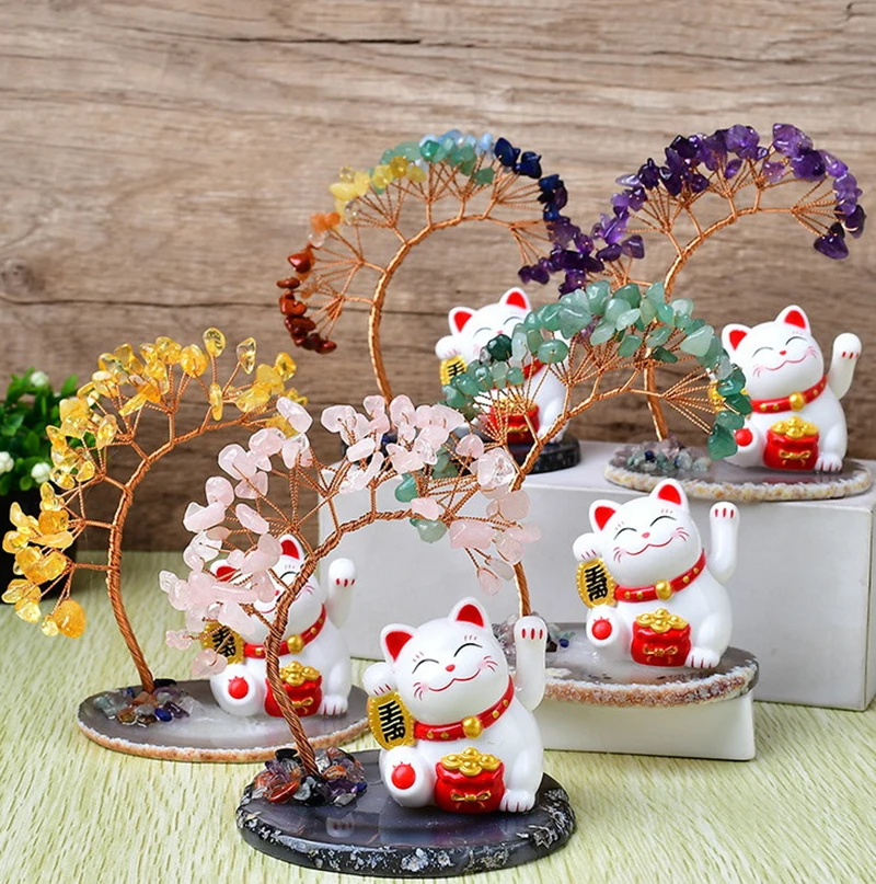 

Solar Energy Shake Hands Lucky Cat Base Fate Tree Office Home Natural Crystal Crushed Stone Life Tree Handwoven Weaving Decor
