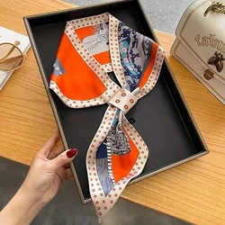 Boho Chic Orange Floral Print Skinny Neckerchief Scarf For Women Satin Silk Ribbons Bandana Neck Tie Wrist Wrap Shawl Echarpe