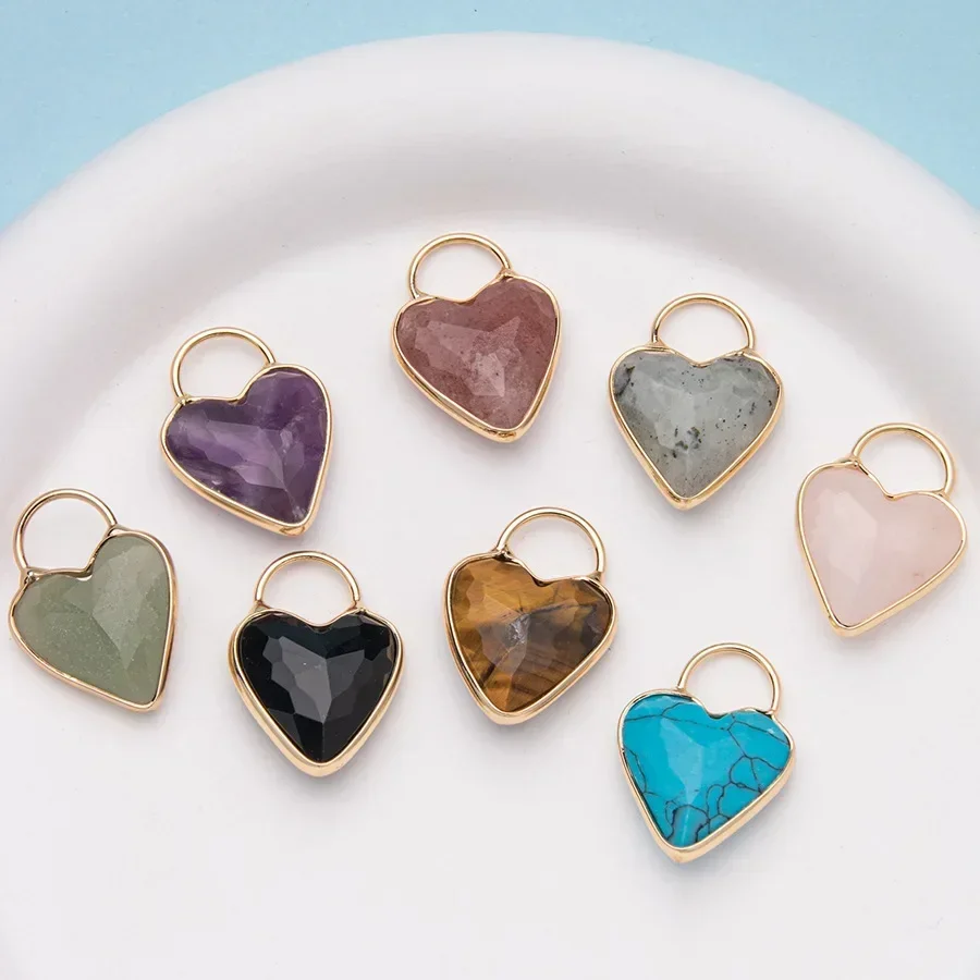 2Pcs Love Lock Pendant Natural Stone Rose Quartz Peach Heart Pedant For Women Birthday Halloween Christmas Gift