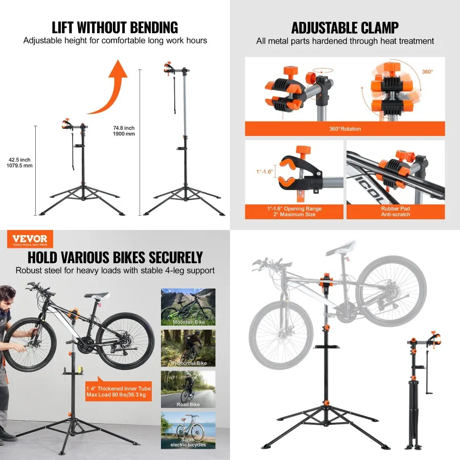 

VEVOR Bike Stand 80 lbs Heavyduty Steel Bicycle Stand Adjustable Height Bike Maintenan Workstand with Magnetic Tool Tray Tele