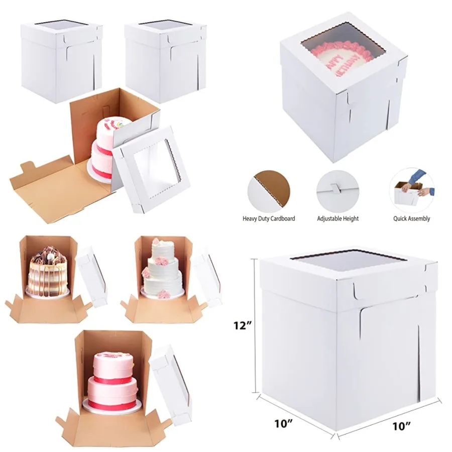 

Tall Cake Boxes for Tier Cakes, 10x10x12 Inch [10Pack ] Thick Sturdy Cake Box with Window, Layer Cake Carrier, Disposable Cake