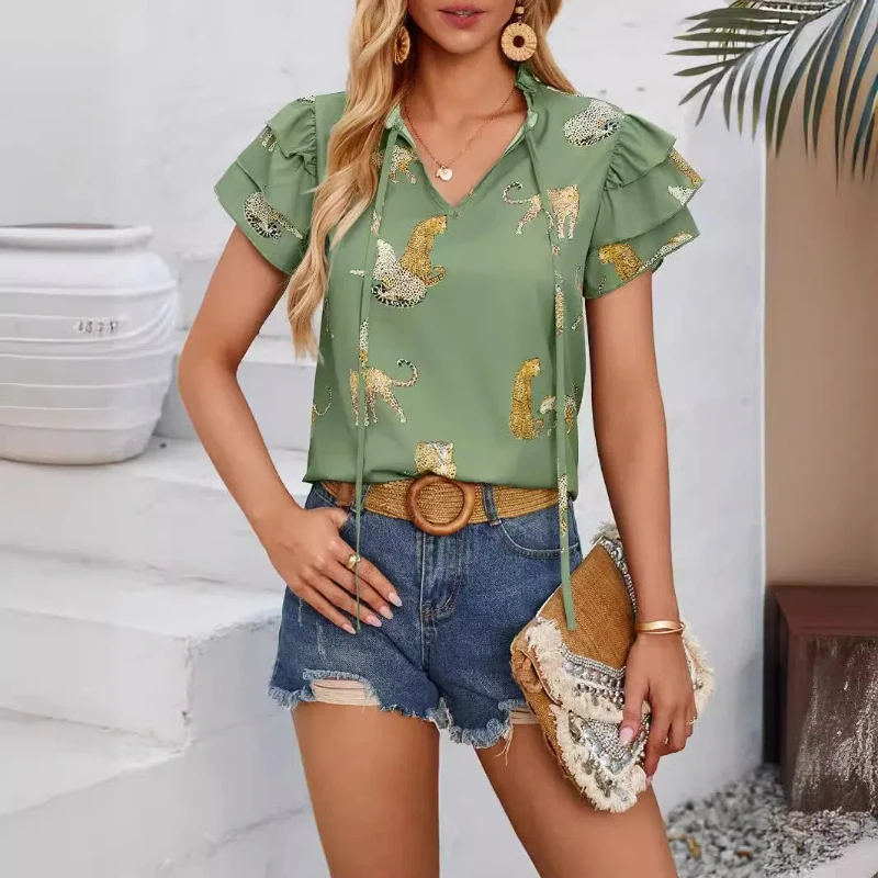 Design and Develop a New European and American Casual Summer V-neck Printed Lotus Leaf Sleeve Top