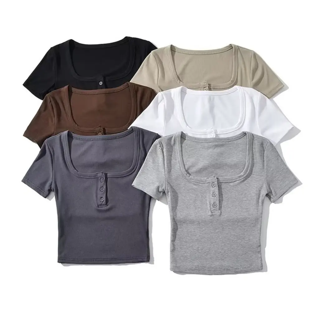 

YPFF Women's Retro Square Collar Button Short Sleeve T-shirt Slim-fit High Waist Summer Top Fashion Navel Design