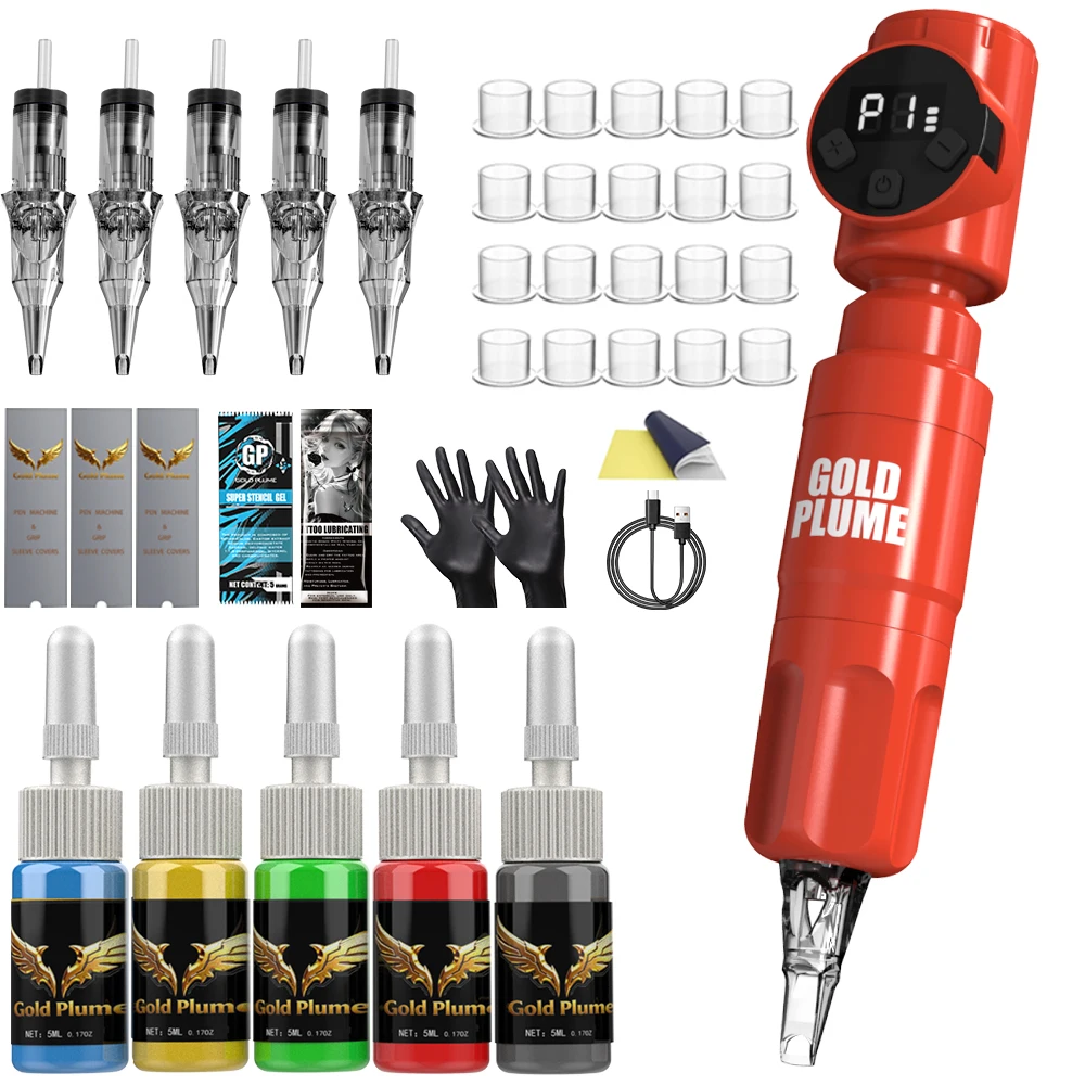 

GOLDPLUME Wireless Orange Tattoo Machine Kit with 5 Cartridges 5-Color Ink Full Accessories for Beginners Pros