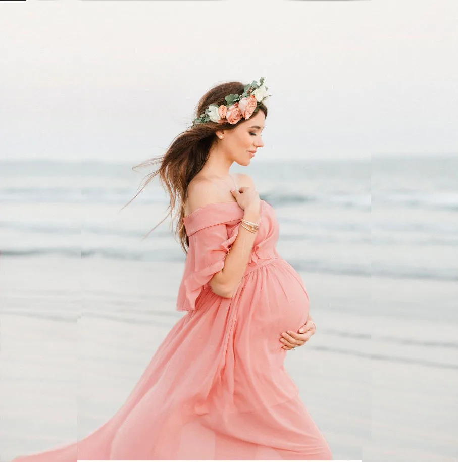 

New Sexy Pink Ruffles Maternity Dresses For Photo Shoot Loose elegant Chiffon Pregnant Women Photography Props Green Dresses