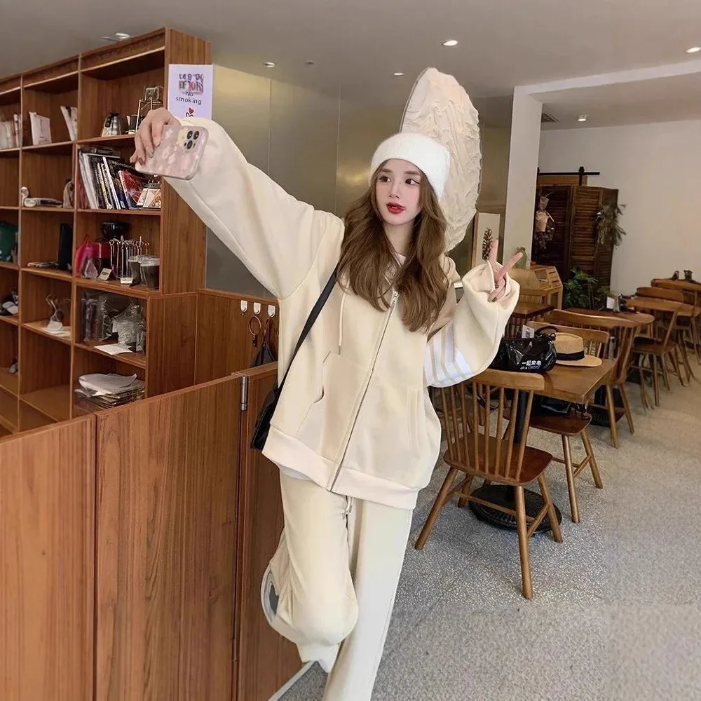 طقم ملابس رياضية رفيعة من مزيج القطن للسيدات مع قلنسوة وسروال واسع الساق مكون من قطعتين كاجوال على الطراز الكوري سترة مفتوحة #4